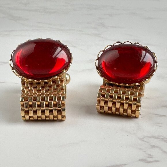 Gold Mesh Red Cufflinks - Picture 1 of 7